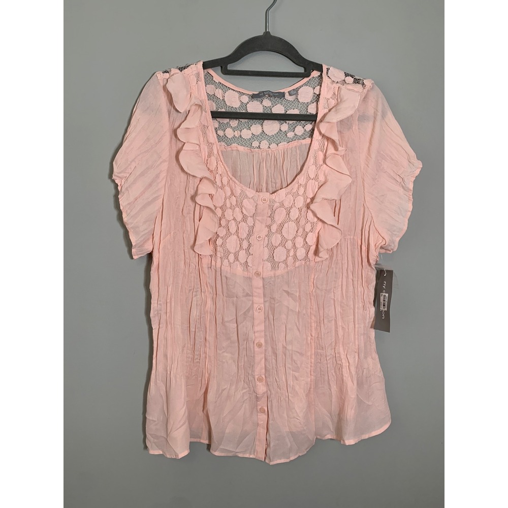 NEW NY Collection Blouse Women 3X Pink Ruffle Lace Yoke Crinkle Short‎ Sleeve